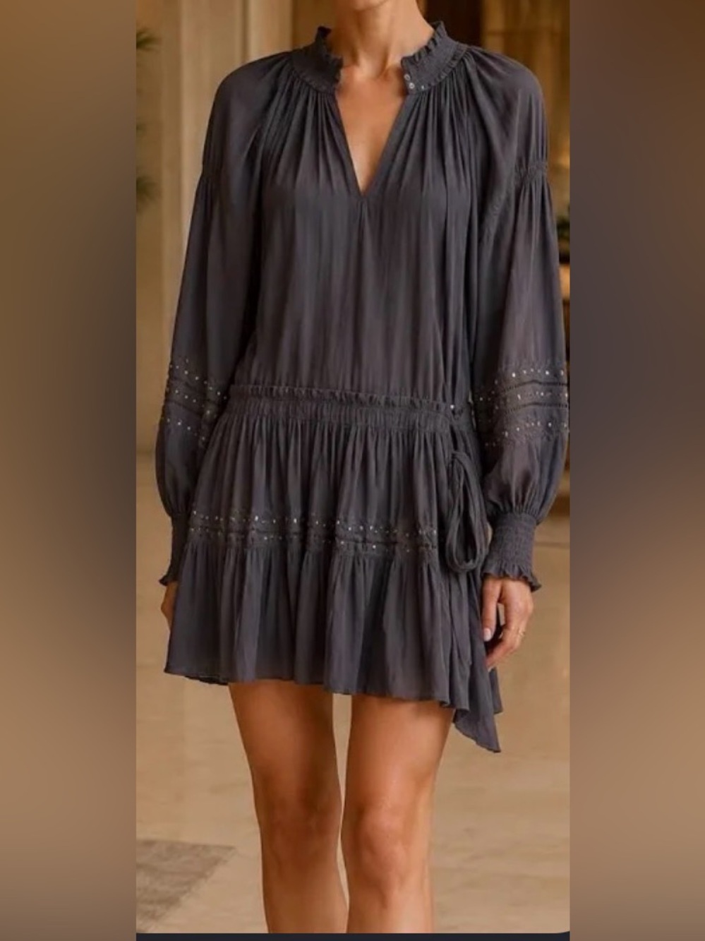 Ramy Brook Charcoal Smocked-Waist Long Sleeve Mini Dress